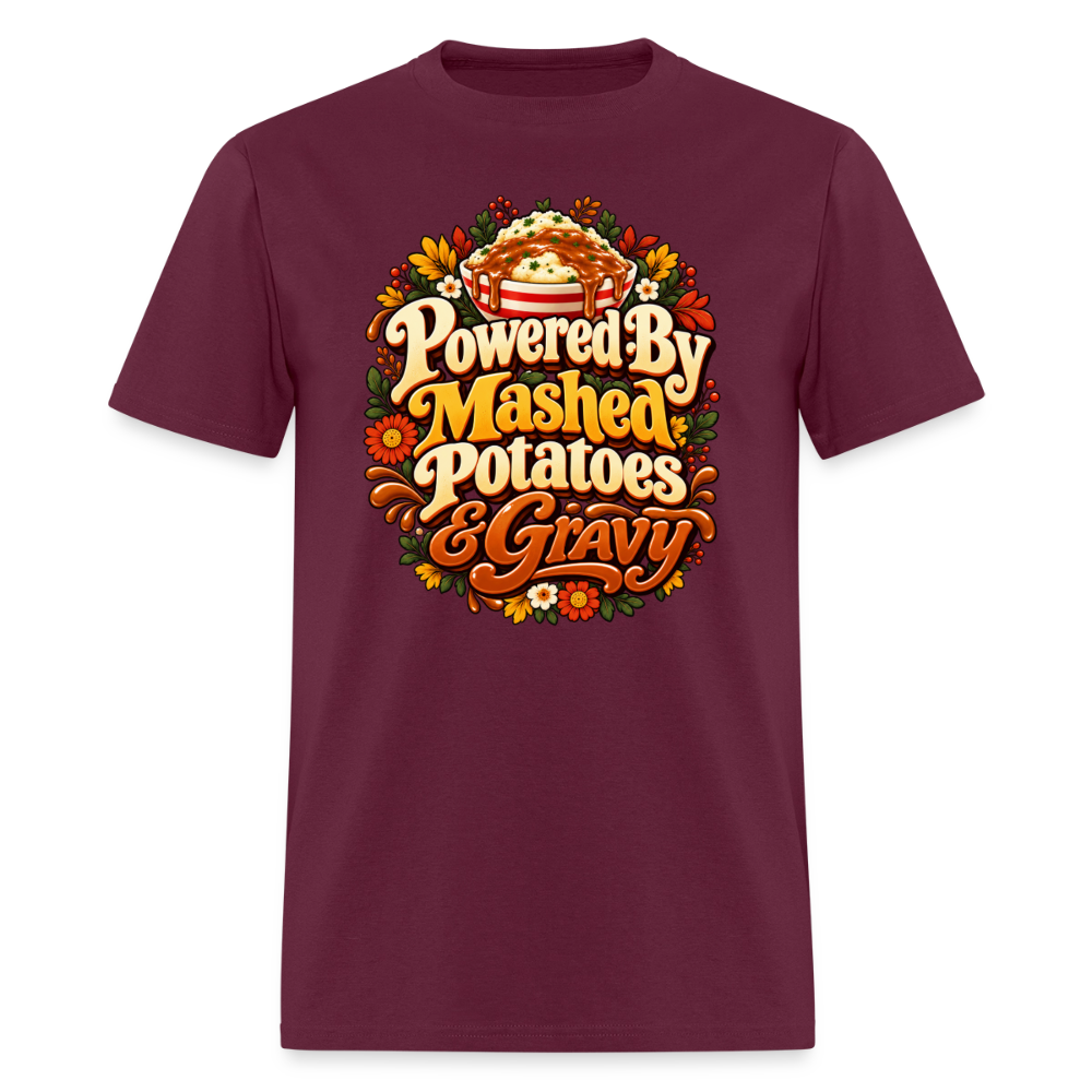 Powered by Mashed Potatoes & Gravy – Fall Floral T-Shirt - burgundy