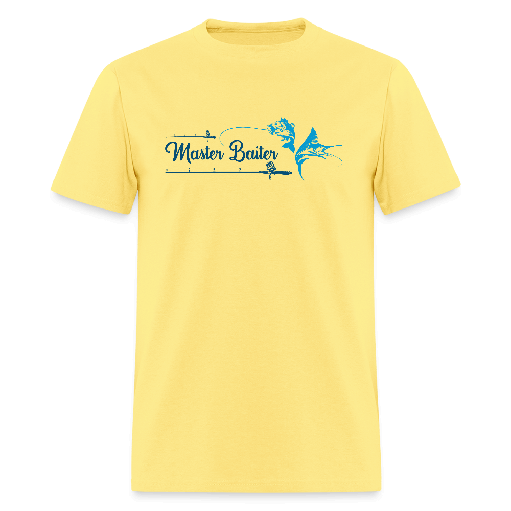 Master Baiter T-Shirt with Hooked Fish and Cursive Text - cornsilk