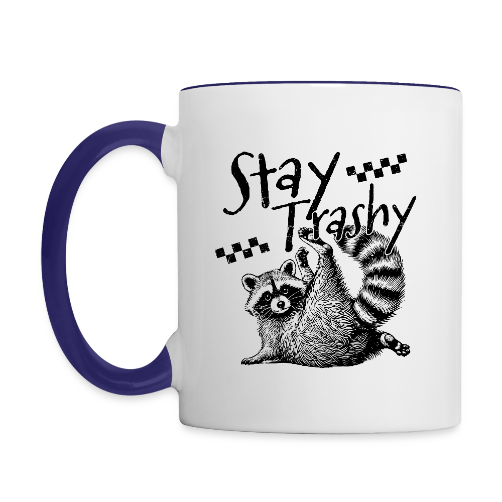 Stay Trashy Coffee Mug – Funny Feral Raccoon Design - white/cobalt blue