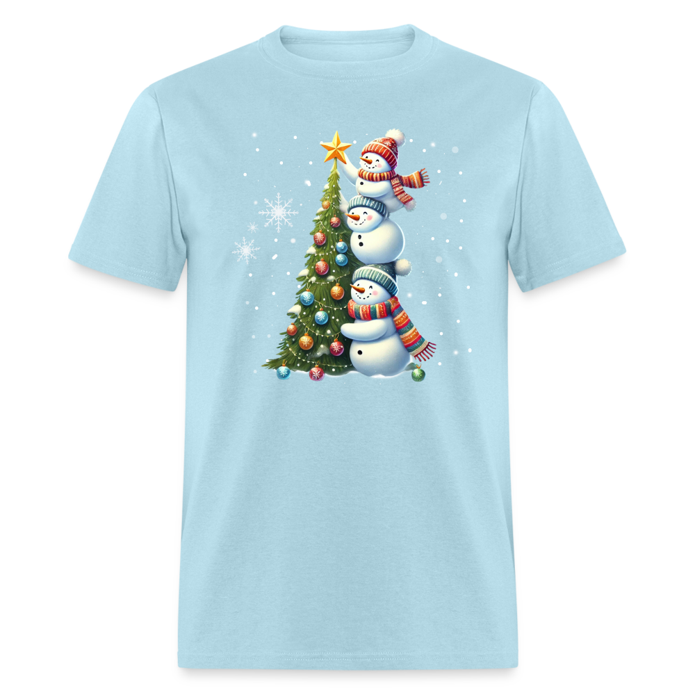 Cute Snowman Decorating Christmas Tree T-Shirt - powder blue