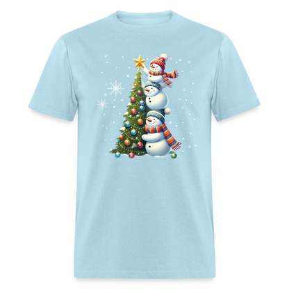 Cute Snowman Decorating Christmas Tree T-Shirt - powder blue