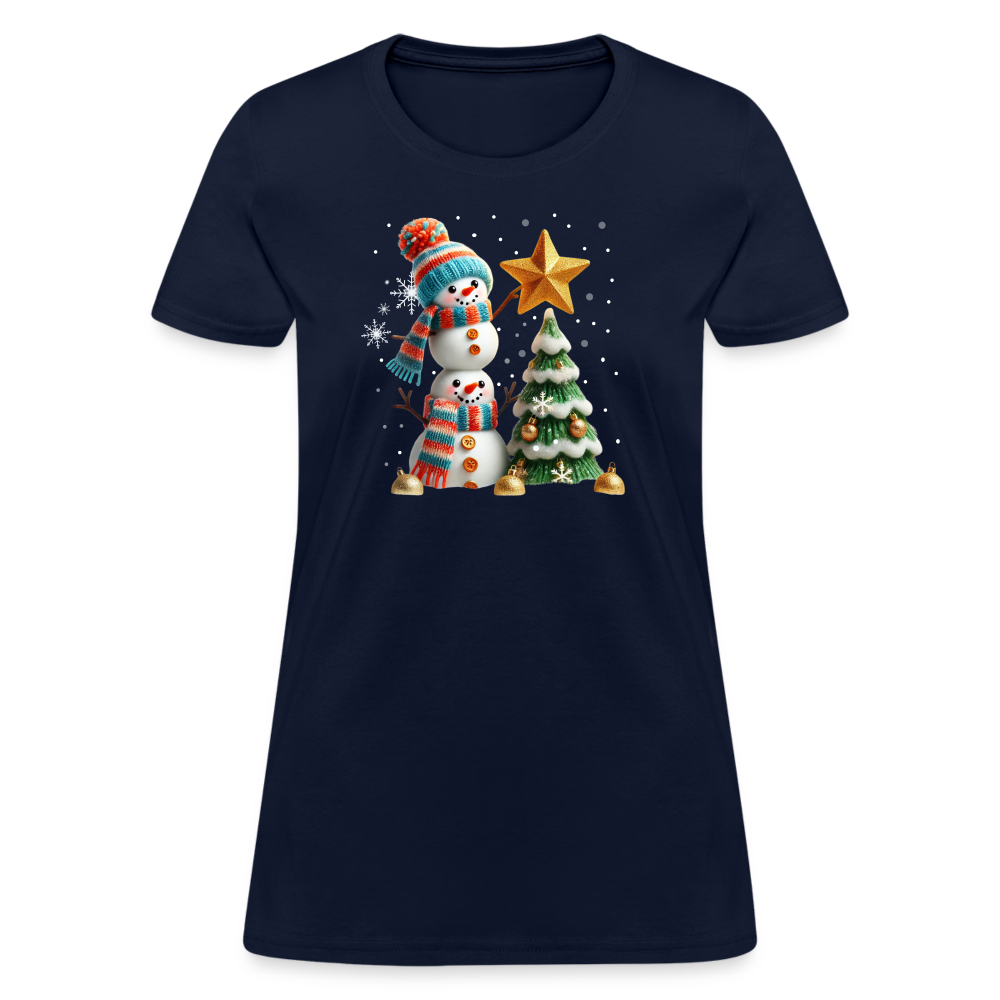 Cute Christmas Funny Snowman Decorating Tree Women's Contoured T-Shirt - navy