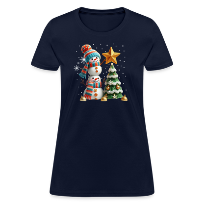 Cute Christmas Funny Snowman Decorating Tree Women's Contoured T-Shirt - navy