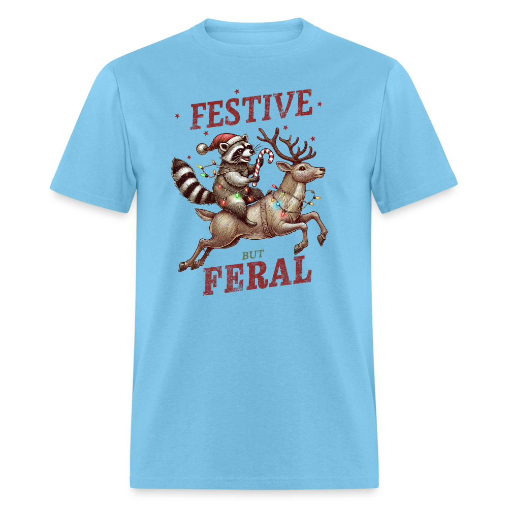 Festive But Feral Raccoon Christmas T-Shirt - aquatic blue