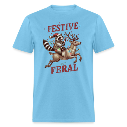 Festive But Feral Raccoon Christmas T-Shirt - aquatic blue