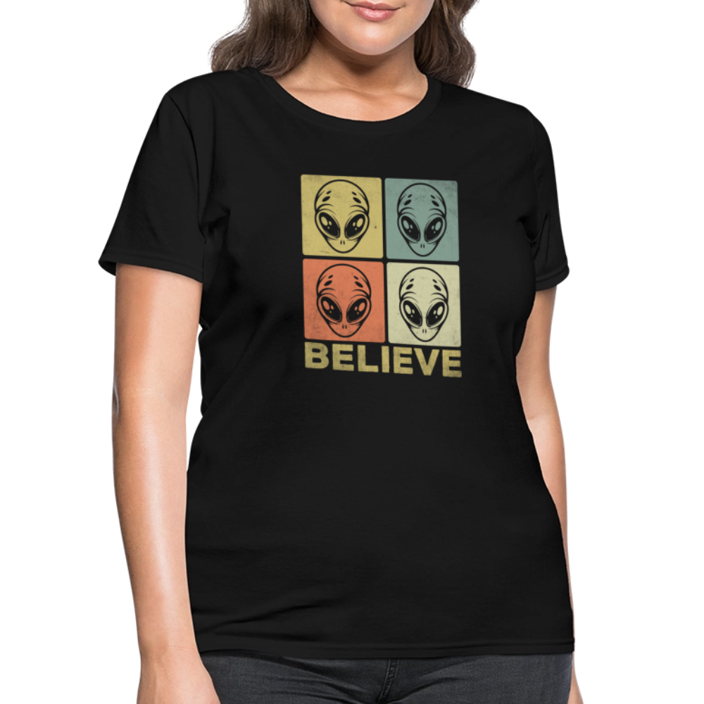 Believe Alien Women’s T-Shirt – Cute UFO Style with Alien Faces - black