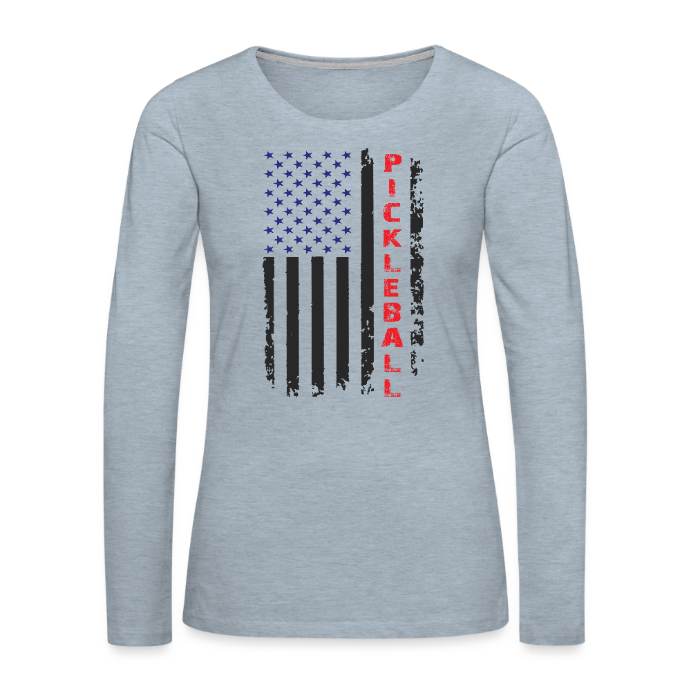 Pickleball Flag Women’s Premium Long Sleeve T-Shirt – Proud, Patriotic & Playful - heather ice blue