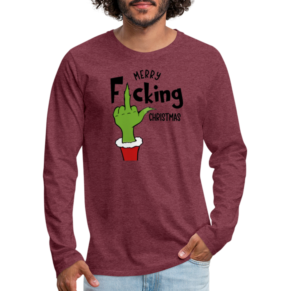 Merry F*cking Christmas Grumpy Middle Finger Men's Premium Long Sleeve T-Shirt - heather burgundy