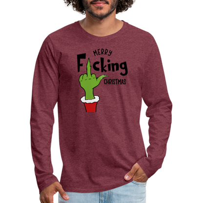 Merry F*cking Christmas Grumpy Middle Finger Men's Premium Long Sleeve T-Shirt - heather burgundy