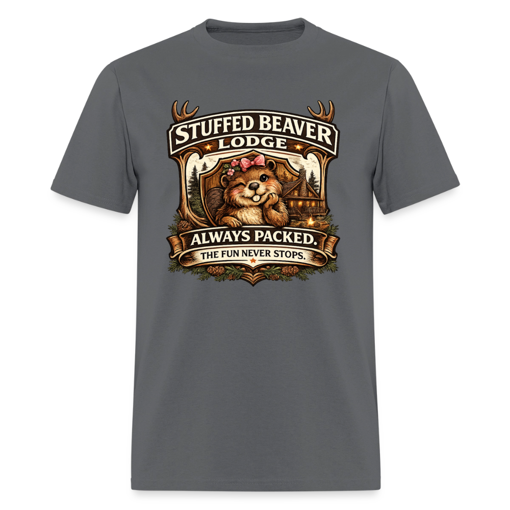 Stuffed Beaver Lodge Funny Adult T-Shirt Color: Charcoal