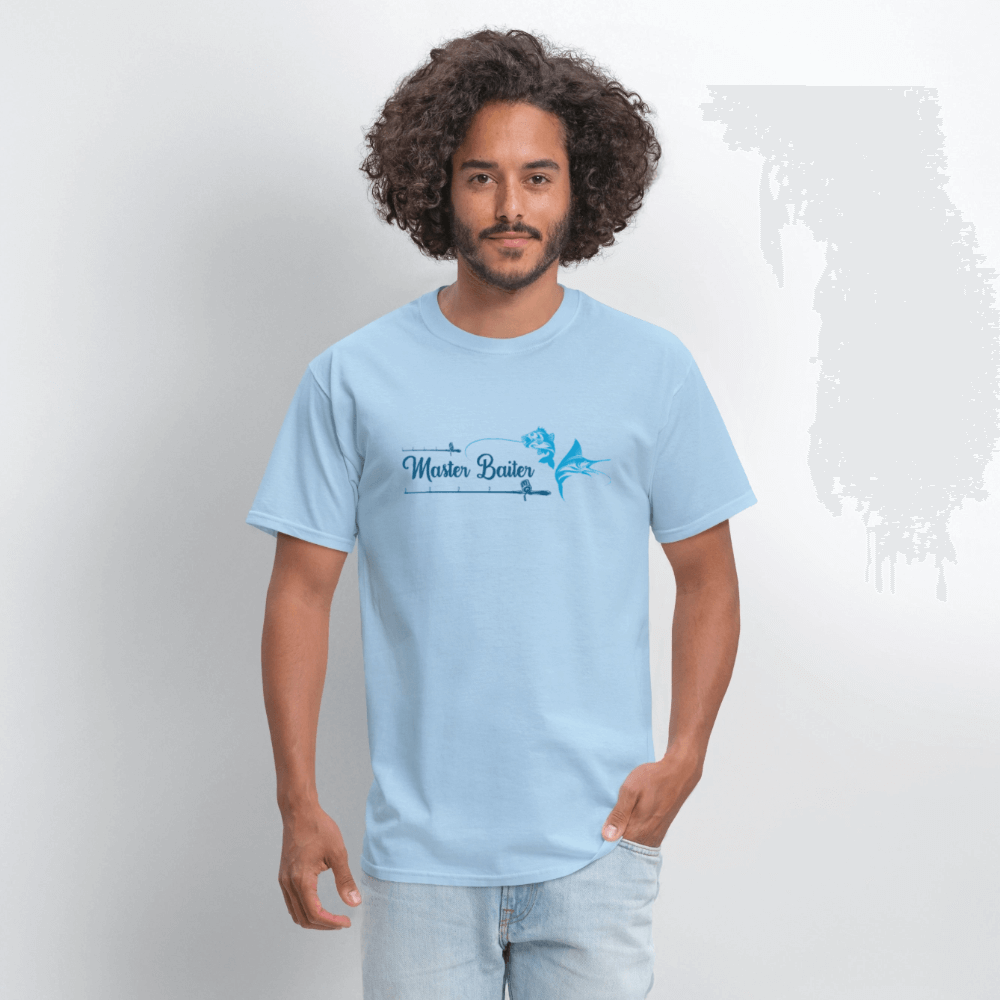 Master Baiter T-Shirt with Hooked Fish and Cursive Text - powder blue