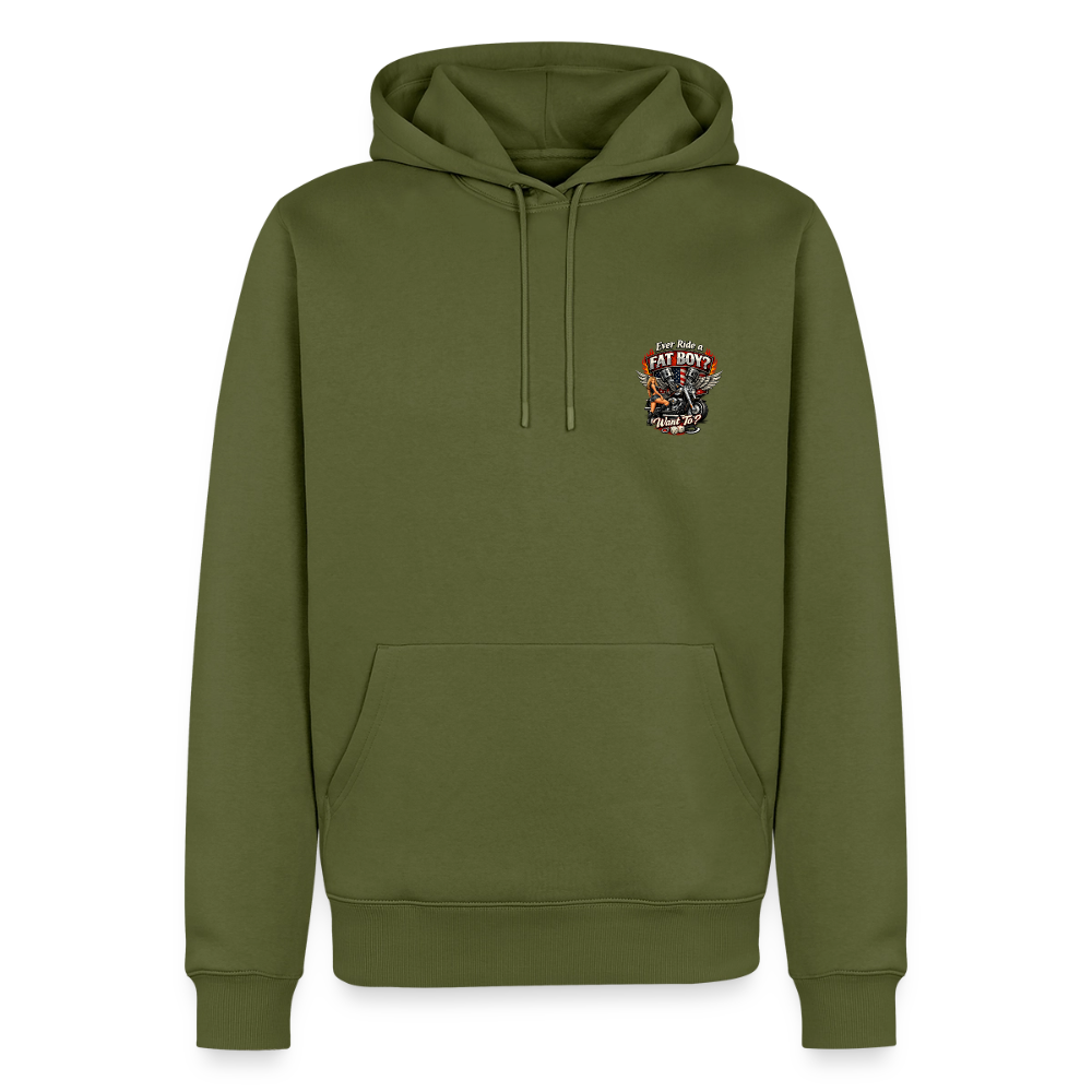 Ever Ride A Fat Boy Want To Funny Biker Hoodie (Front & Back) Color: khaki green
