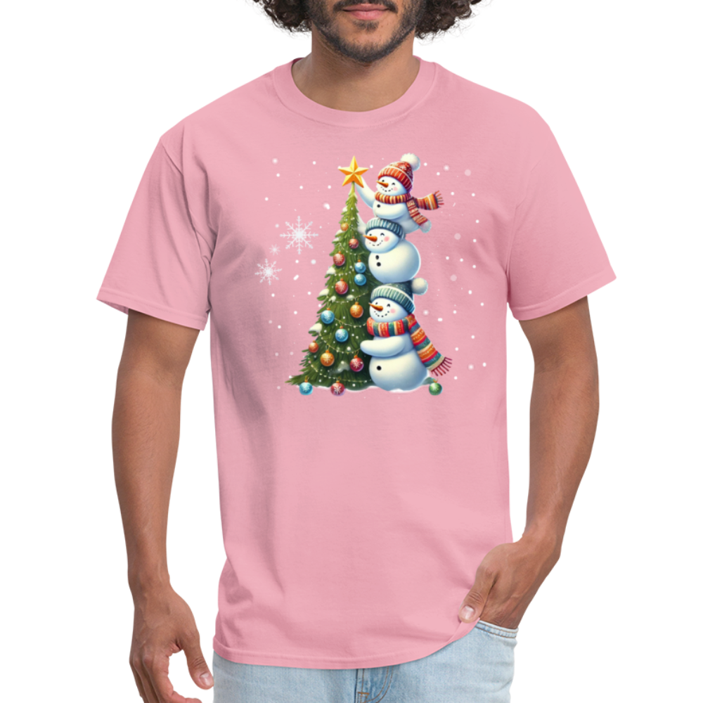 Cute Snowman Decorating Christmas Tree T-Shirt - pink