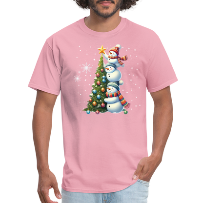 Cute Snowman Decorating Christmas Tree T-Shirt - pink