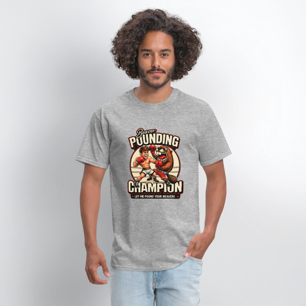 Beaver Pounding Champion Funny Adult Humor Graphic T-Shirt - heather gray