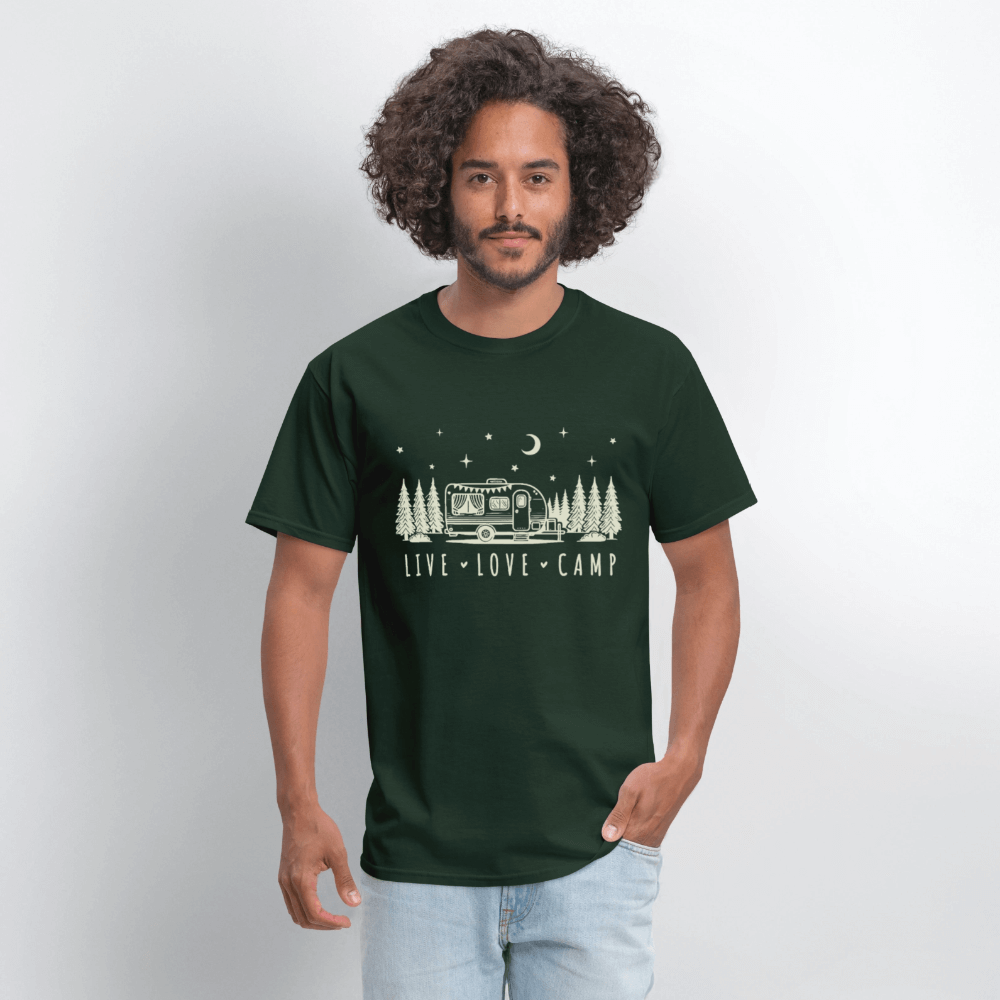 Live Love Camp T-Shirt – Camper Under the Night Sky - forest green