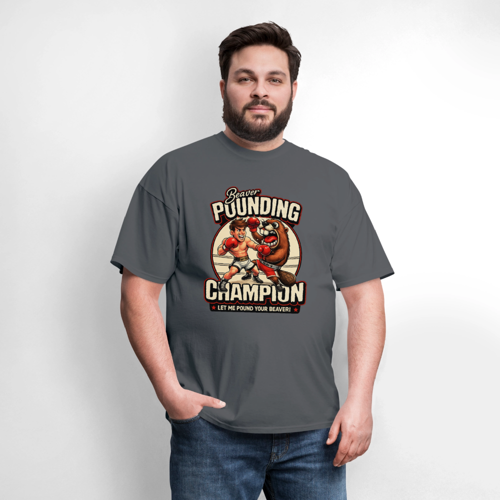 Beaver Pounding Champion Funny Adult Humor Graphic T-Shirt - charcoal