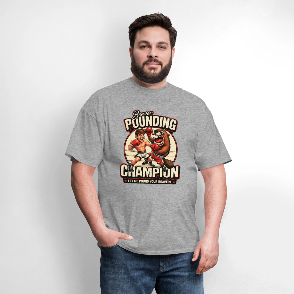Beaver Pounding Champion Funny Adult Humor Graphic T-Shirt - heather gray