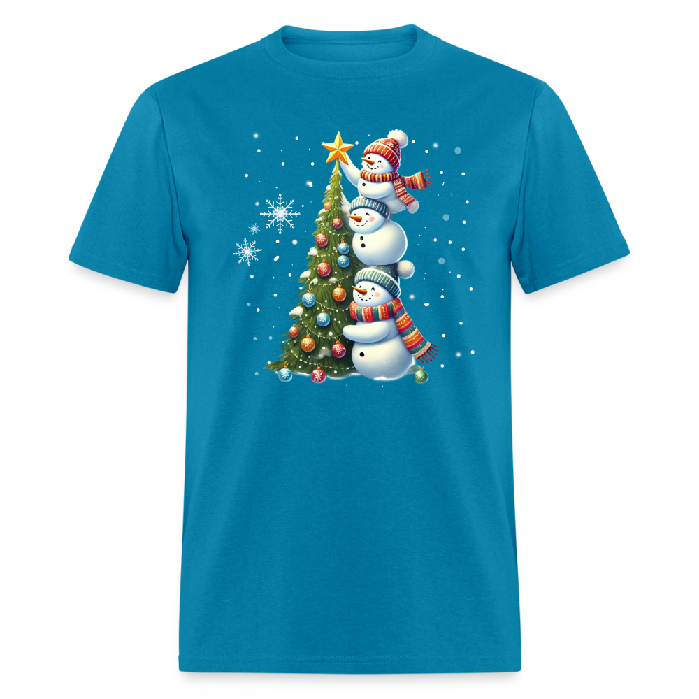 Cute Snowman Decorating Christmas Tree T-Shirt - turquoise