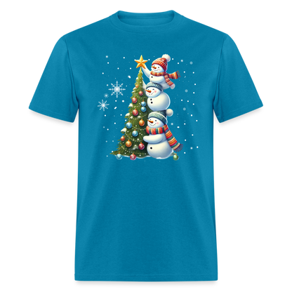 Cute Snowman Decorating Christmas Tree T-Shirt - turquoise