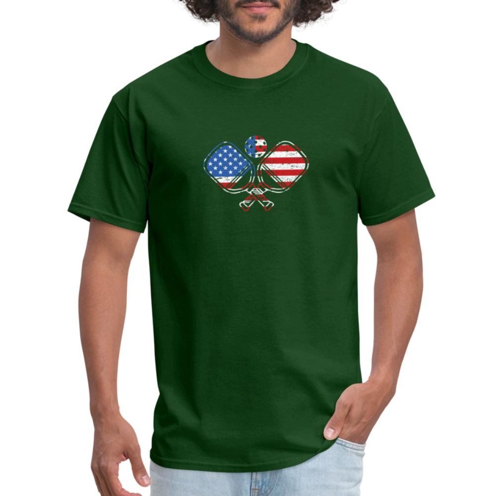 American Flag Pickleball Paddle T-Shirt - forest green