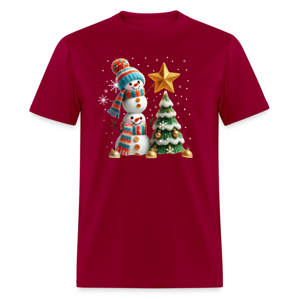 Cute Christmas Funny Snowman Decorating Tree T-Shirt - dark red