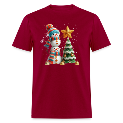 Cute Christmas Funny Snowman Decorating Tree T-Shirt - dark red