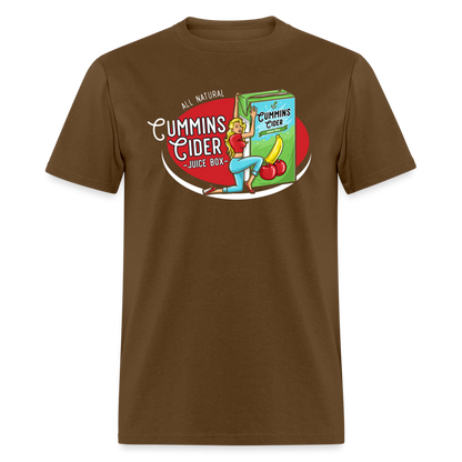 Cummins Cider Juice Box (Adult Sexual Humor) T-Shirt - brown