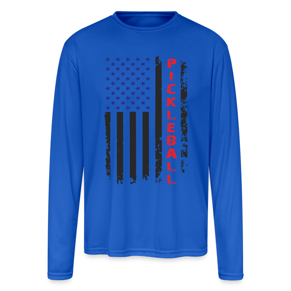Pickleball Flag Men’s Performance Long Sleeve Shirt – Patriotic & Game Ready - royal blue