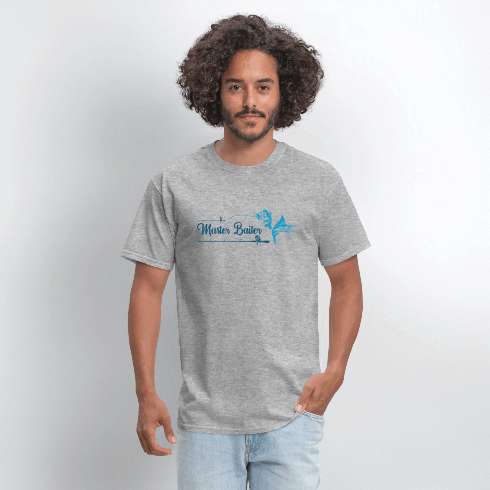 Master Baiter T-Shirt with Hooked Fish and Cursive Text - heather gray