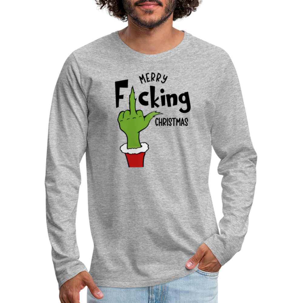 Merry F*cking Christmas Grumpy Middle Finger Men's Premium Long Sleeve T-Shirt - heather gray