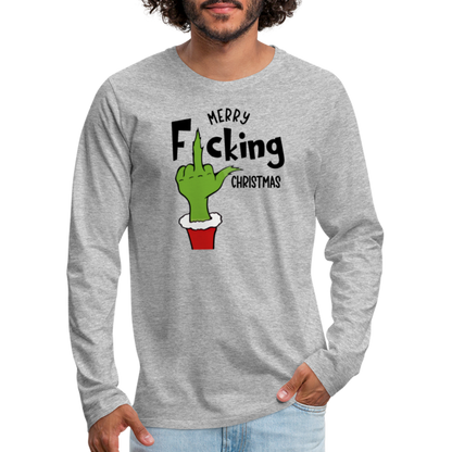 Merry F*cking Christmas Grumpy Middle Finger Men's Premium Long Sleeve T-Shirt - heather gray