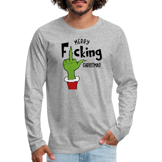 Merry F*cking Christmas Grumpy Middle Finger Men's Premium Long Sleeve T-Shirt - heather gray