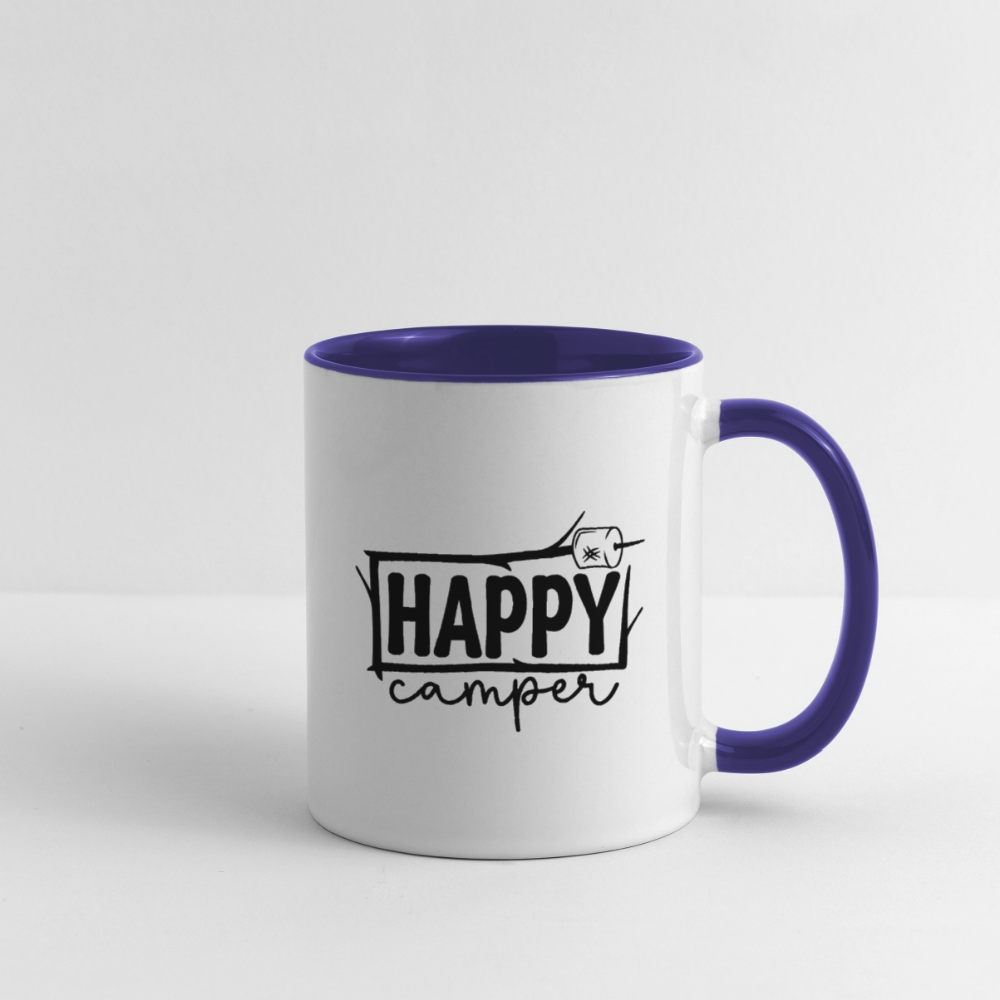 Happy Camper Coffee Mug – Funny Outdoor Toilet Paper Humor - white/cobalt blue