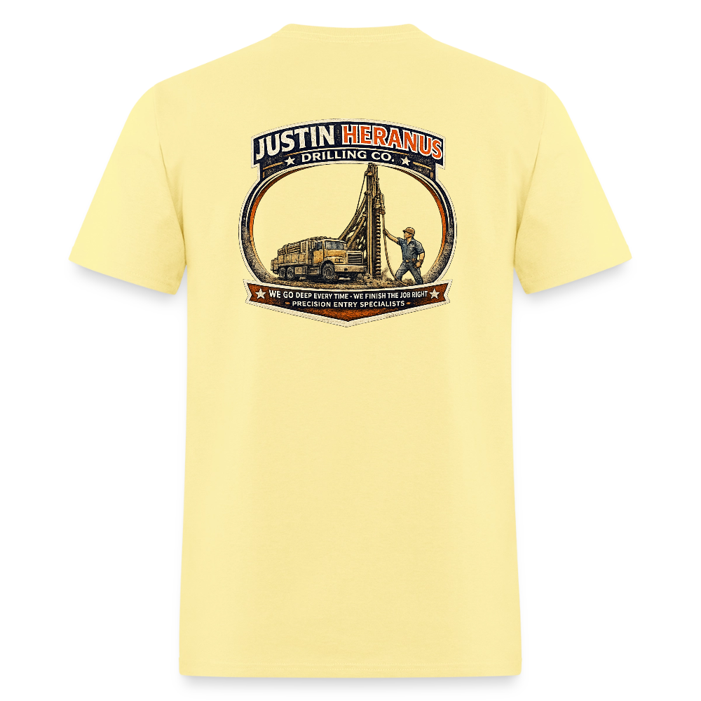 Justin Heranus Drilling Co Double Sided Funny Humor Tee - cornsilk