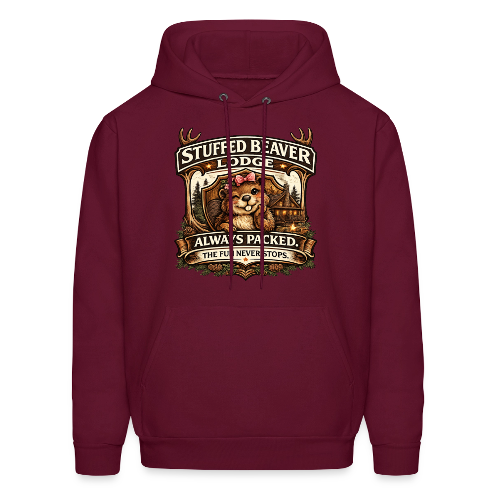 Stuffed Beaver Lodge Funny Adult Hoodie Color: Burgundy