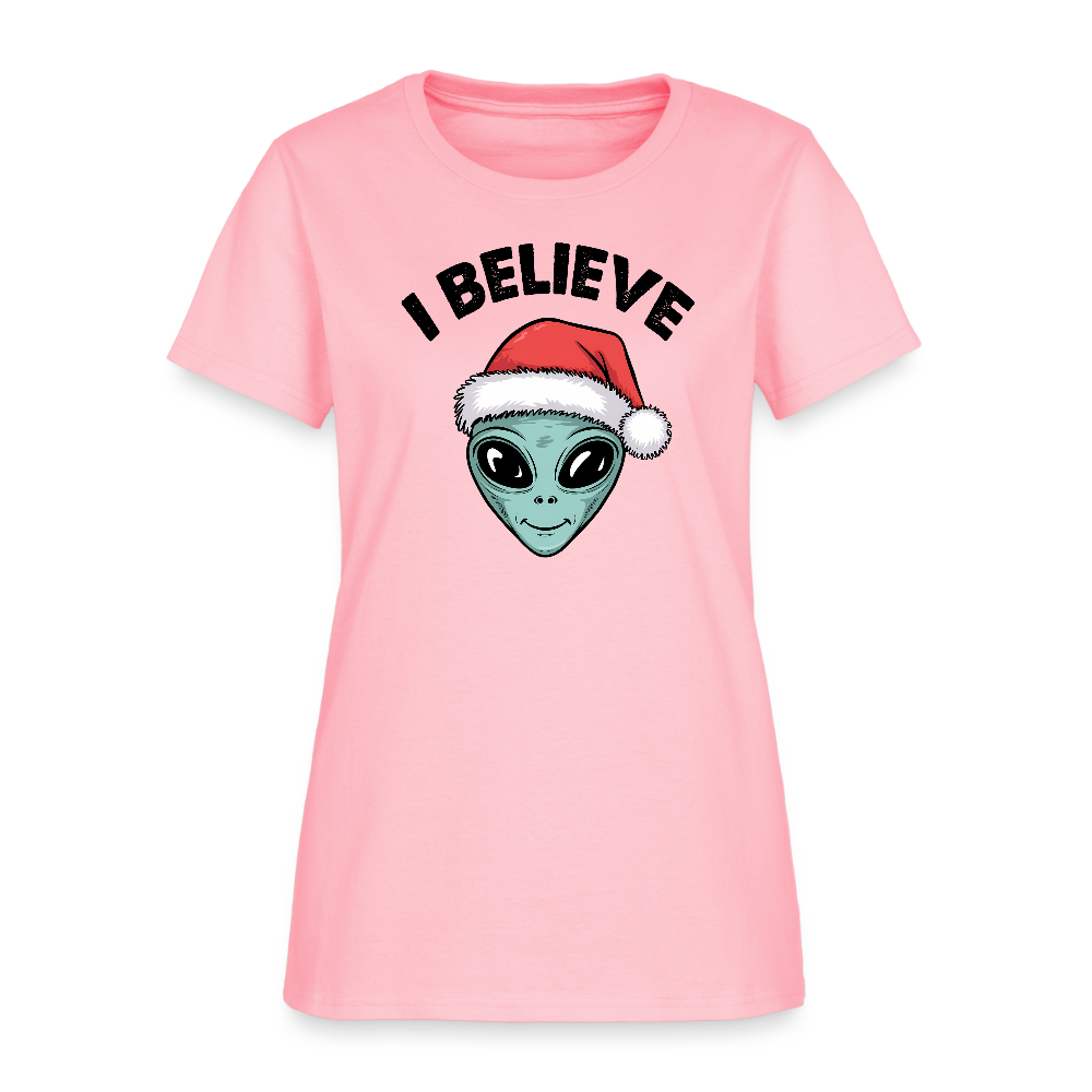 I Believe in Santa Women’s T-Shirt – Alien Christmas Tee Color: pink