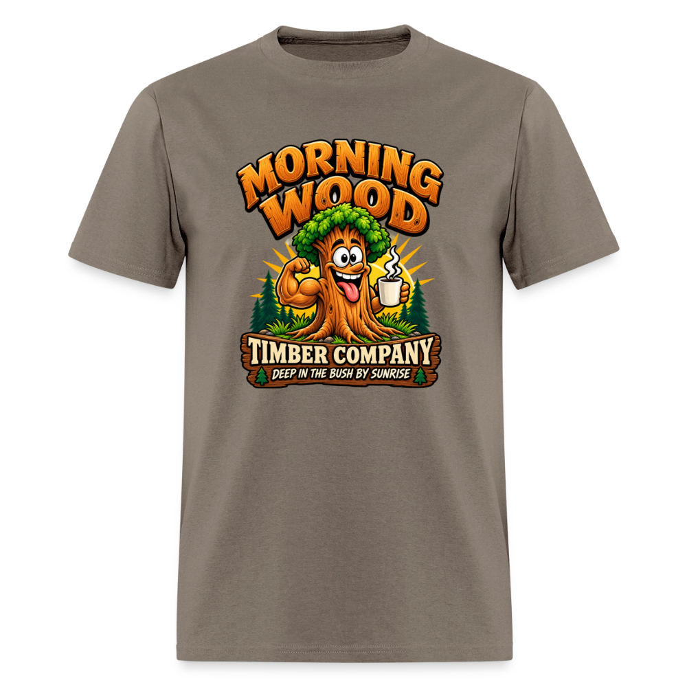 Morning Wood Timber Company Funny Adult Humor T-Shirt – Deep in the Bush by Sunrise Color: Safari