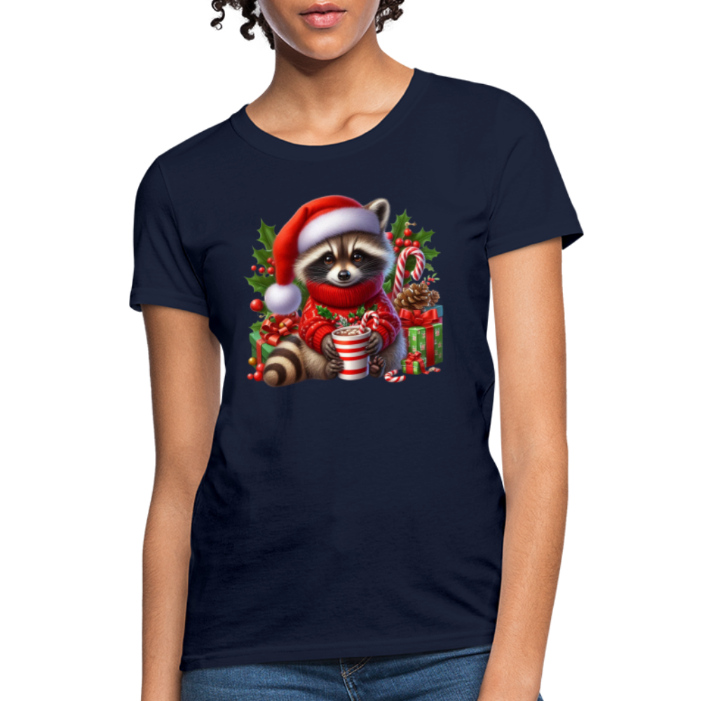 Christmas Cute Feral Raccoon Women's Contoured T-Shirt - navy