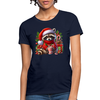 Christmas Cute Feral Raccoon Women's Contoured T-Shirt - navy