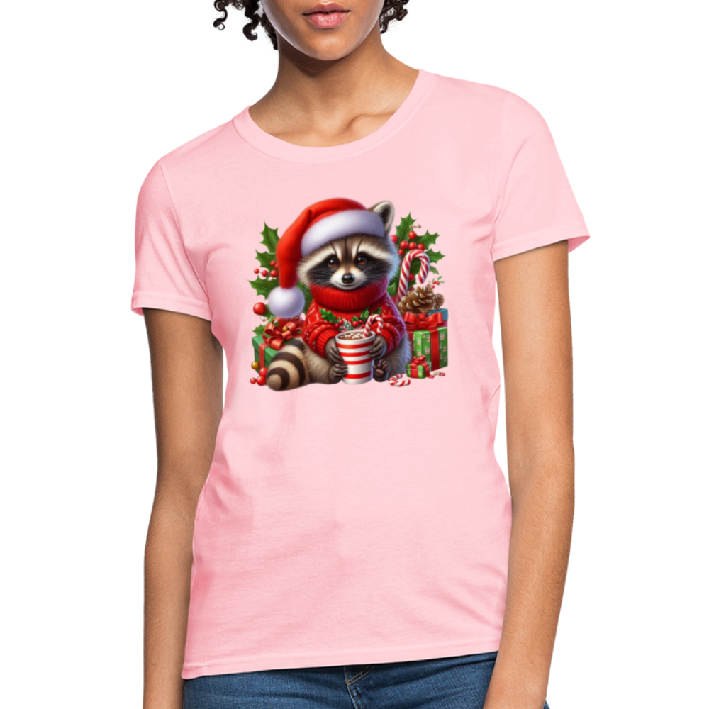 Christmas Cute Feral Raccoon Women's Contoured T-Shirt - pink