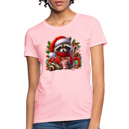 Christmas Cute Feral Raccoon Women's Contoured T-Shirt - pink