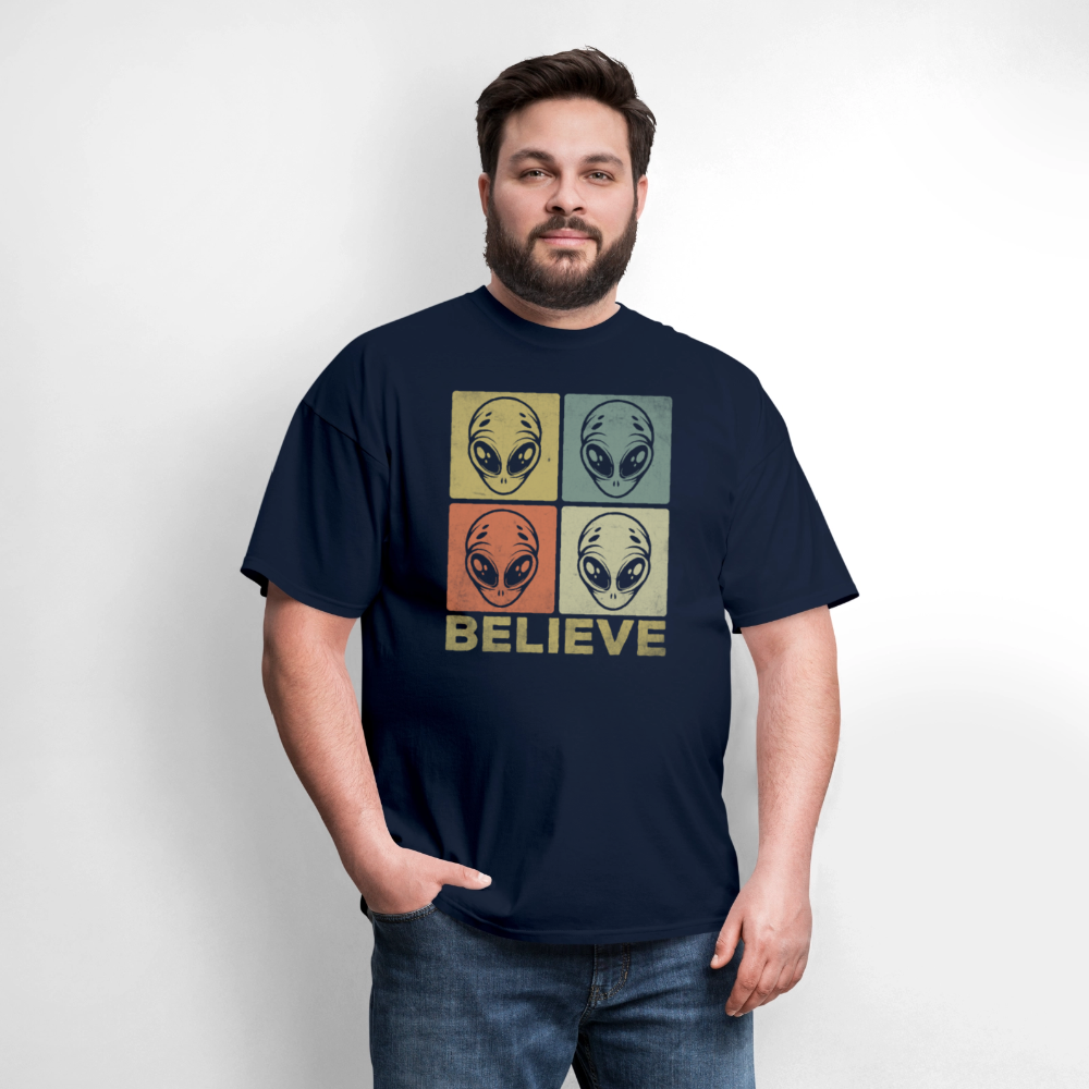 Believe Alien T-Shirt – UFO Style with Alien Faces Design - navy