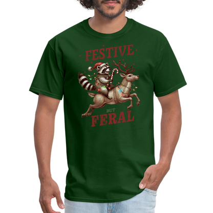 Festive But Feral Raccoon Christmas T-Shirt - forest green