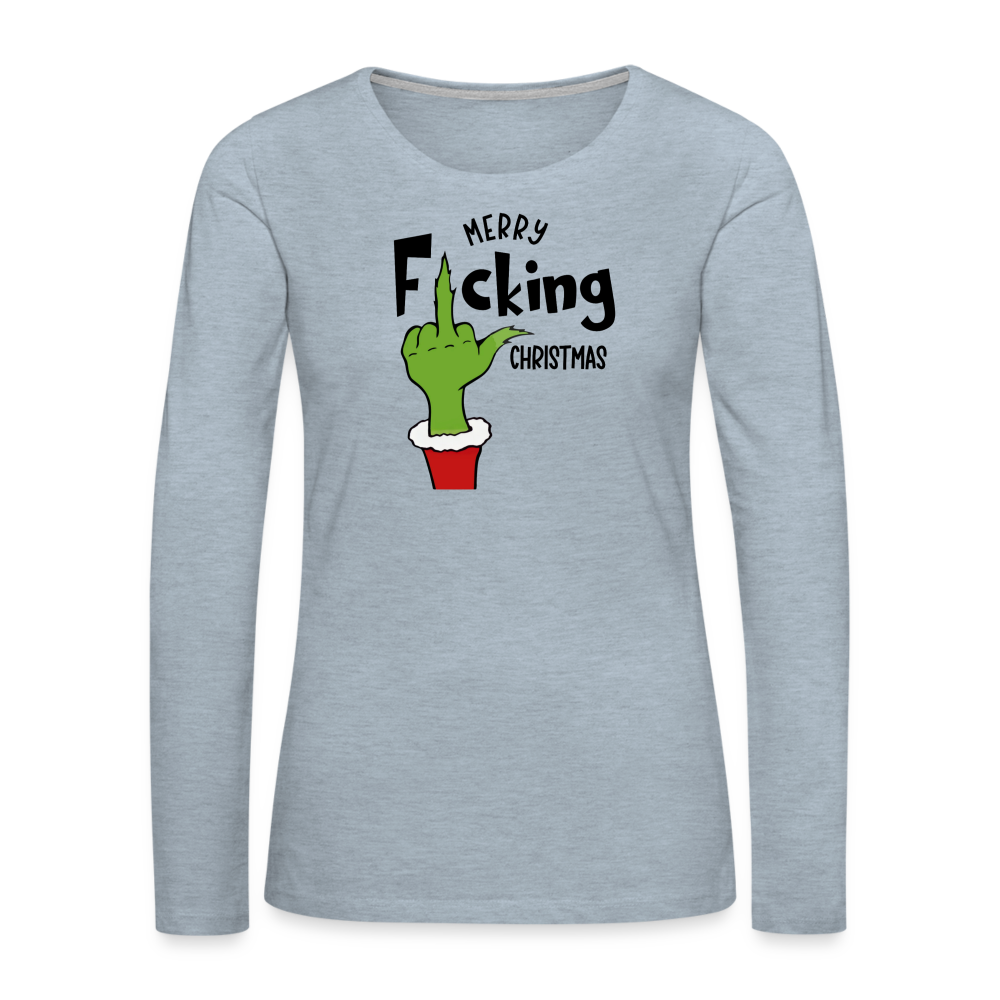 Merry F*cking Christmas Grumpy Middle Finger Women's Premium Long Sleeve T-Shirt - heather ice blue