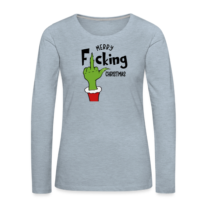 Merry F*cking Christmas Grumpy Middle Finger Women's Premium Long Sleeve T-Shirt - heather ice blue