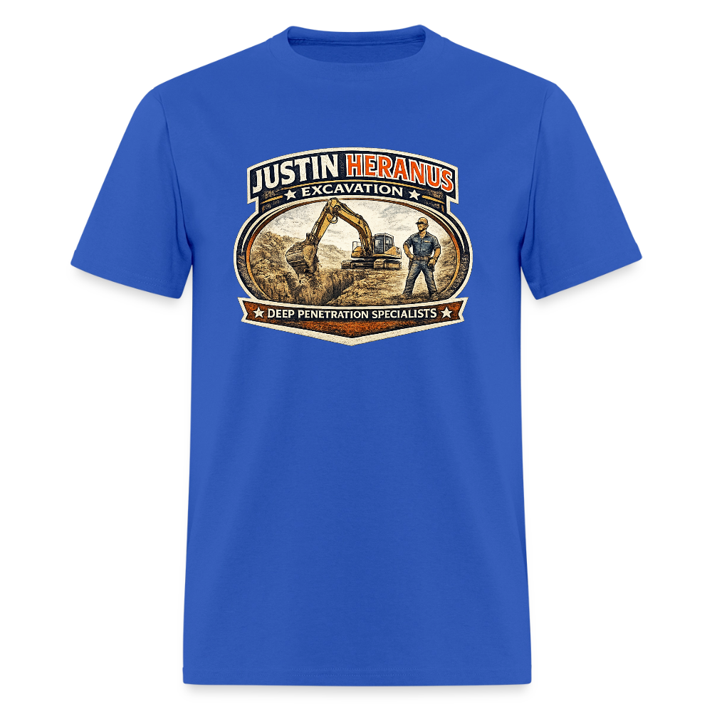 Justin Heranus Excavation T-Shirt Funny Adult Humor Tee - royal blue
