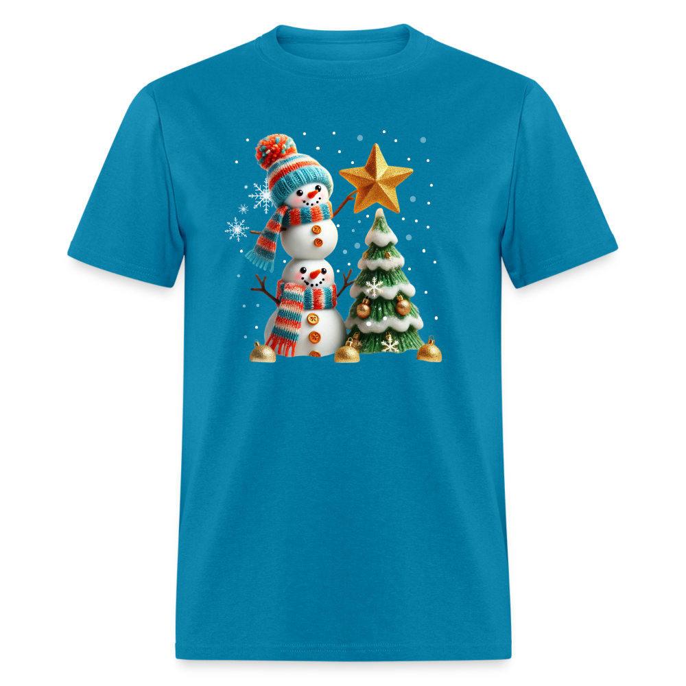 Cute Christmas Funny Snowman Decorating Tree T-Shirt - turquoise