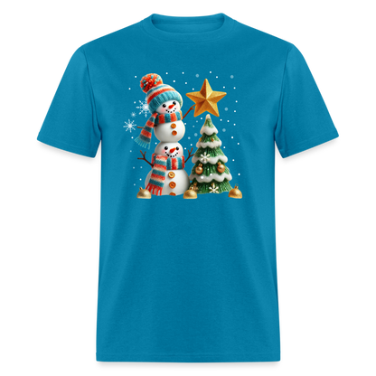 Cute Christmas Funny Snowman Decorating Tree T-Shirt - turquoise