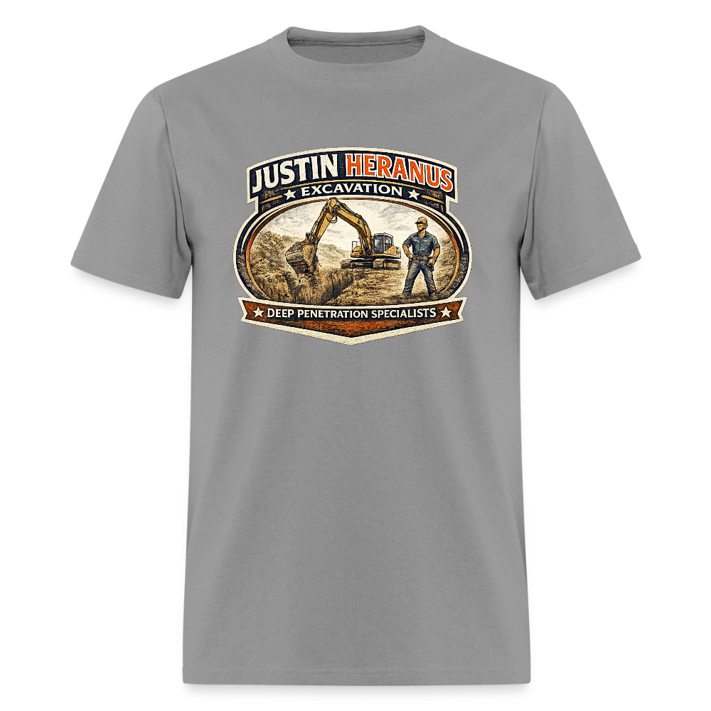 Justin Heranus Excavation T-Shirt Funny Adult Humor Tee - rock